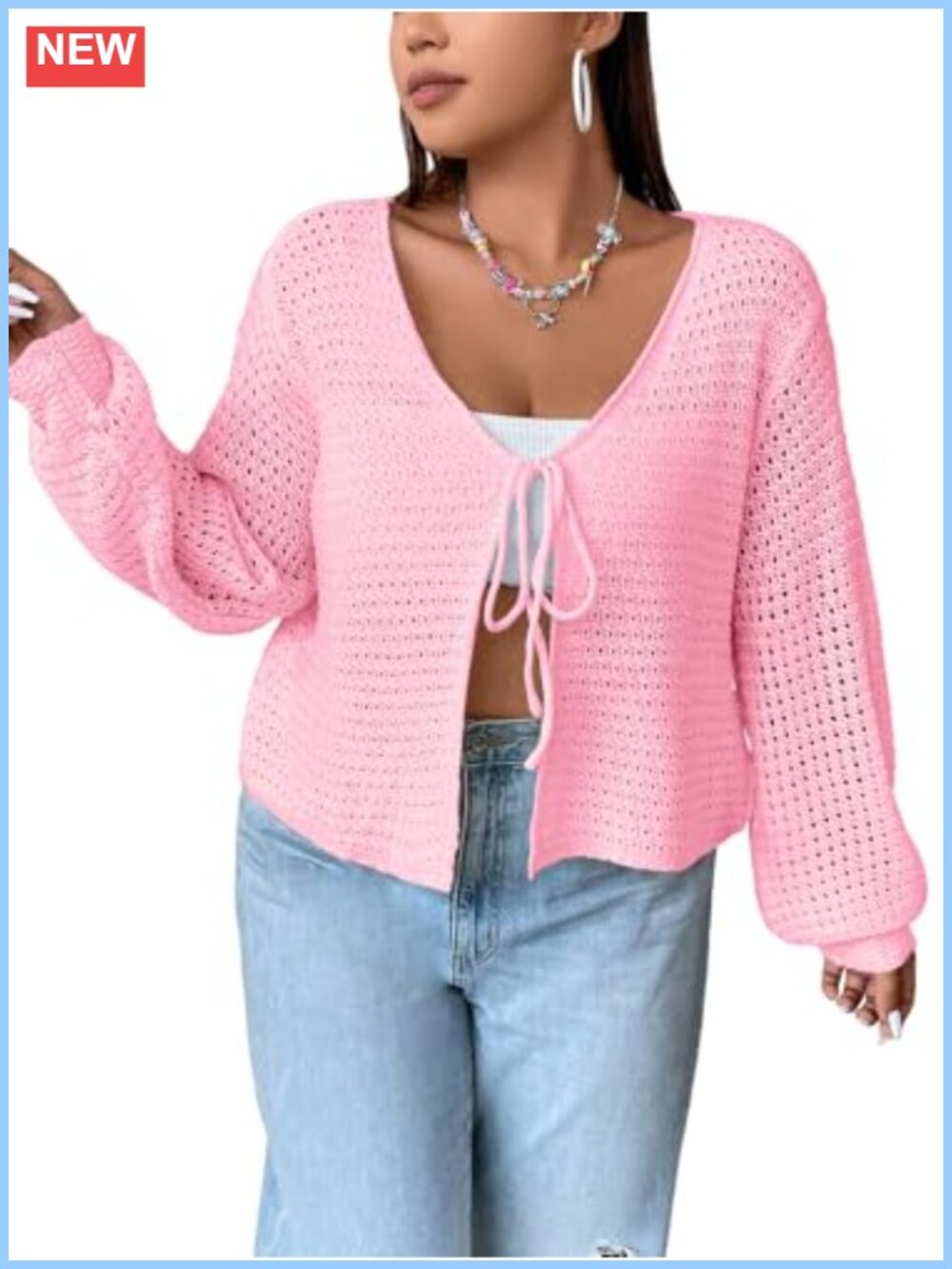 Plus Size Open Knit Cardigan Tie Front Shrug Long Sleeve L-4XL